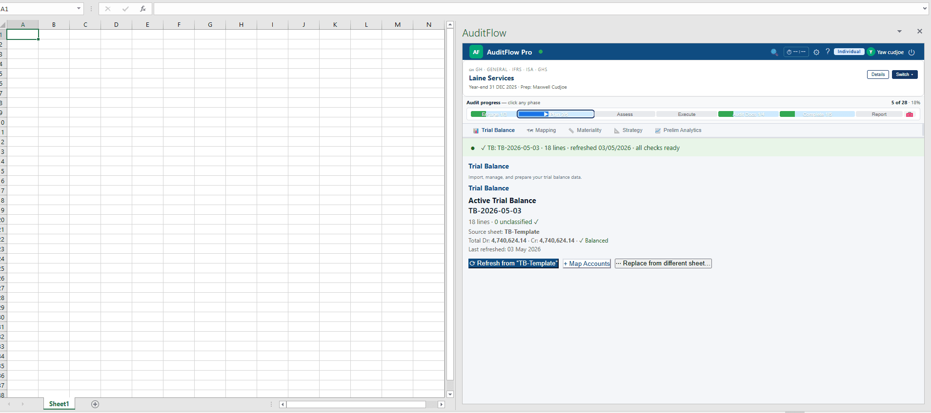 Lives inside Excel — taskpane companion