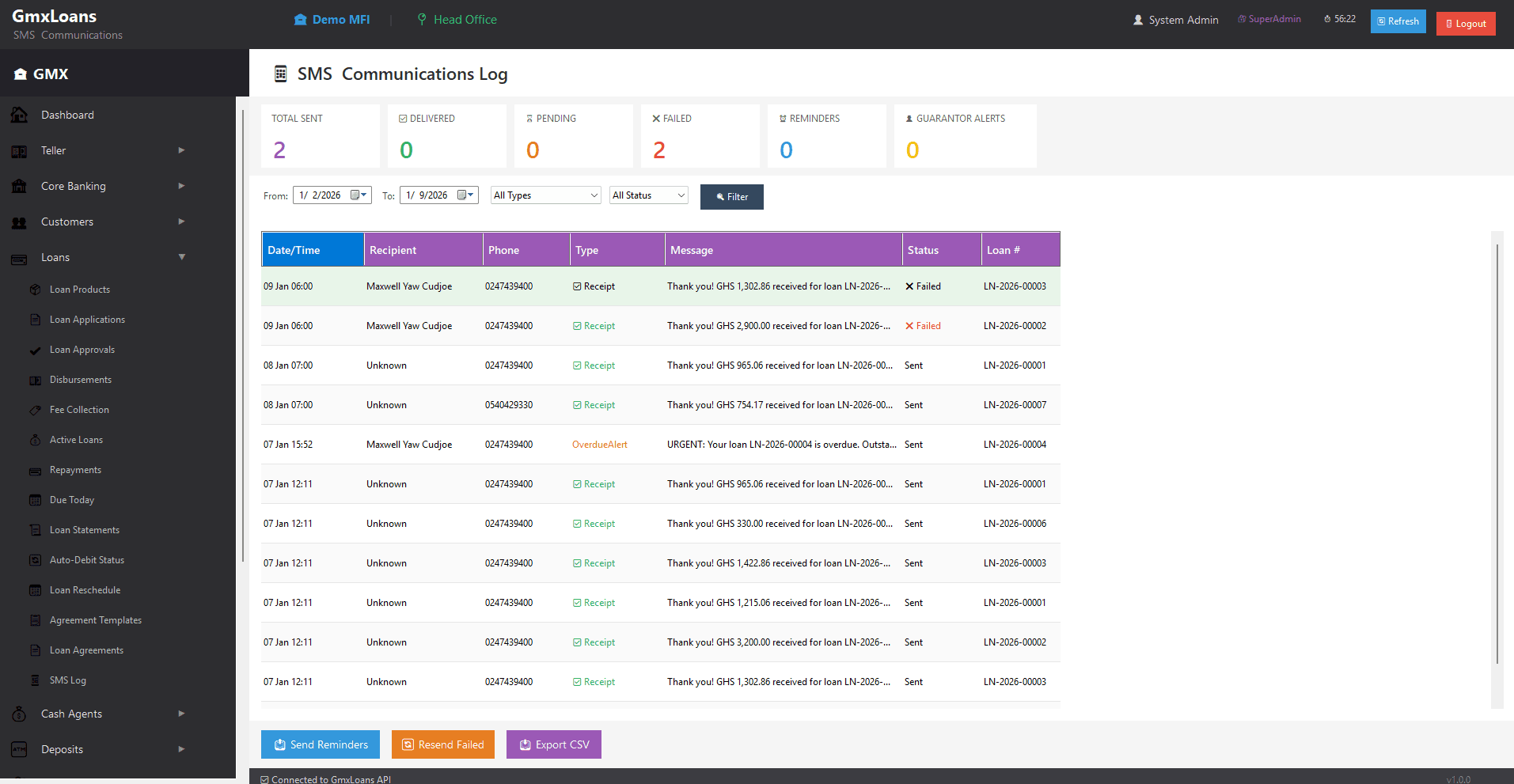 SMS communication log